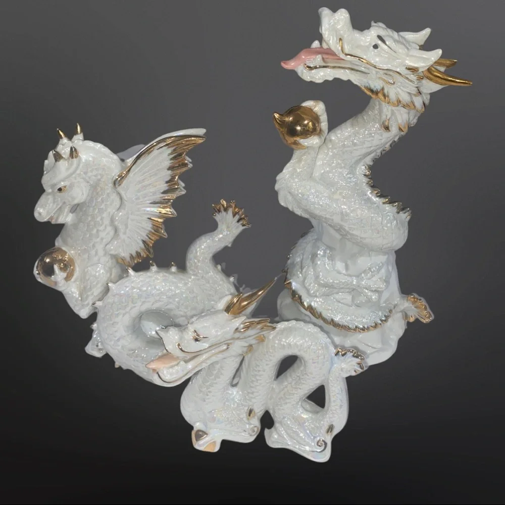 Vintage Intricate Carved Glossy White with Gold Trim Japanese Dragon Figurine - Picture 4 of 8